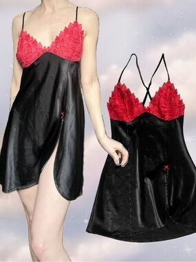 ❤️🖤 Black Satin & Red Lace Babydoll Slip Dress